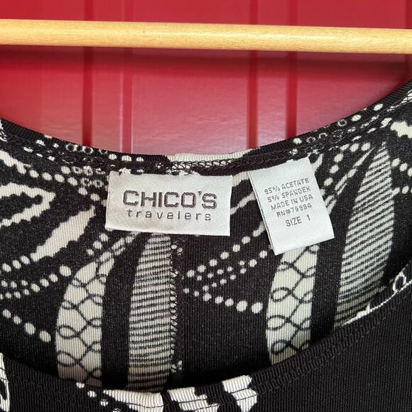 Chicos‎ Dress Travelers Size 1 US M 8 Slinky Knit Floral Layering Black White - Picture 3 of 7